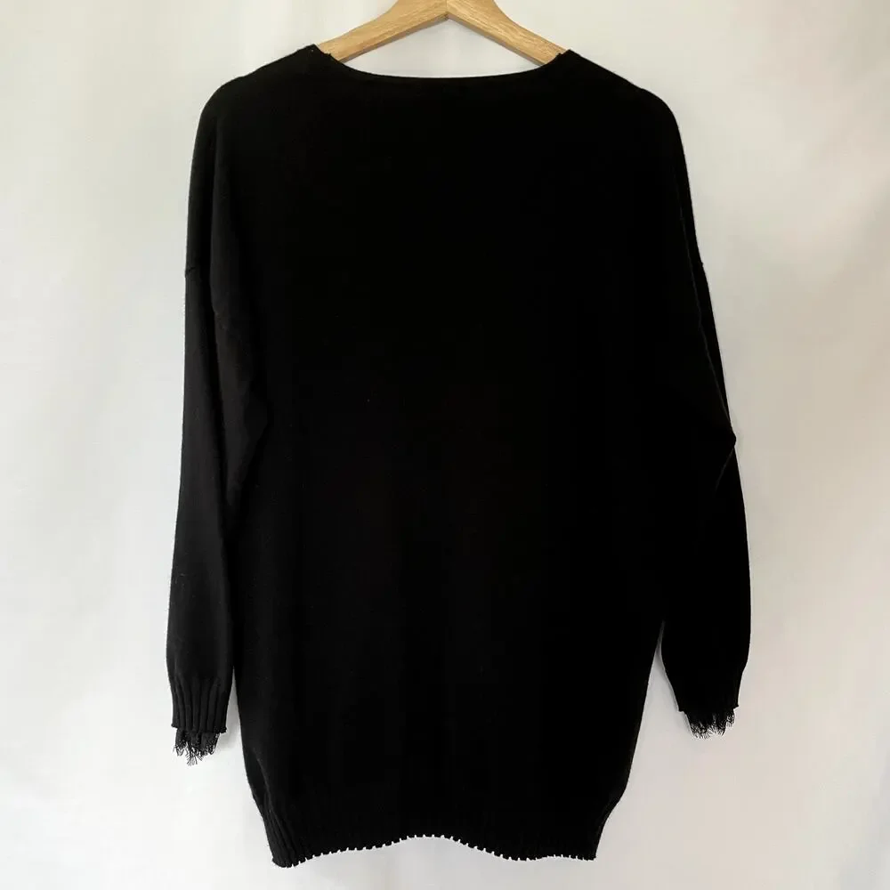 Adrianna Papell‎ black knit v-neck pullover sweater lace sleeve detail women's M